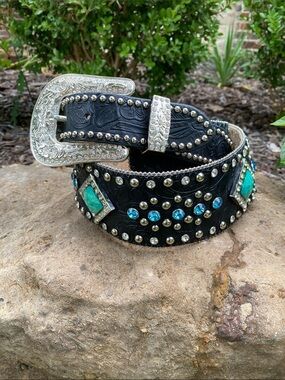 BHW Black Leather Western Belt with Rhinestone & Silver Stud Accents